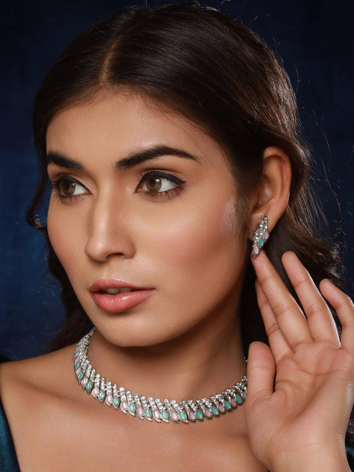 Aatmana Silver-Plated Mint Green And Pink Stone And Cz Studded Jewellery Set