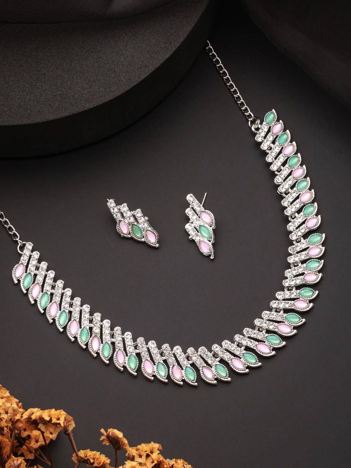 Aatmana Silver-Plated Mint Green And Pink Stone And Cz Studded Jewellery Set