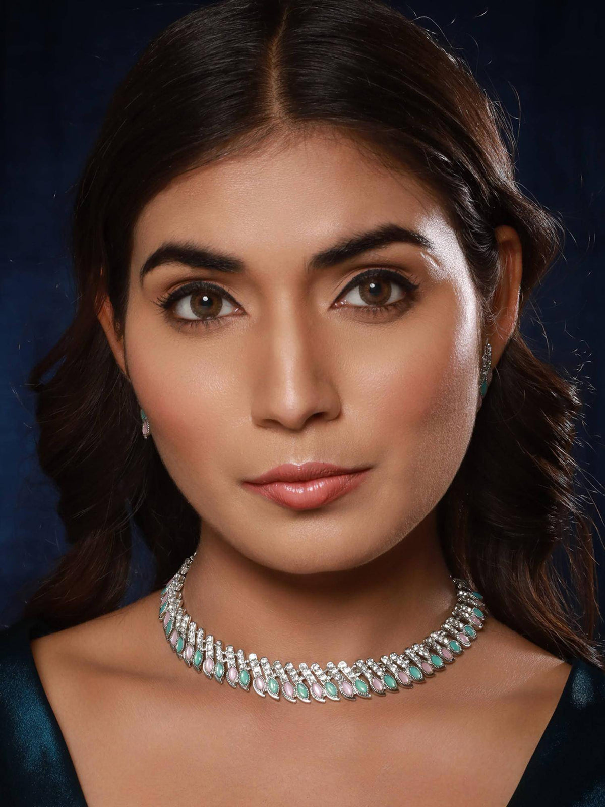 Aatmana Silver-Plated Mint Green And Pink Stone And Cz Studded Jewellery Set
