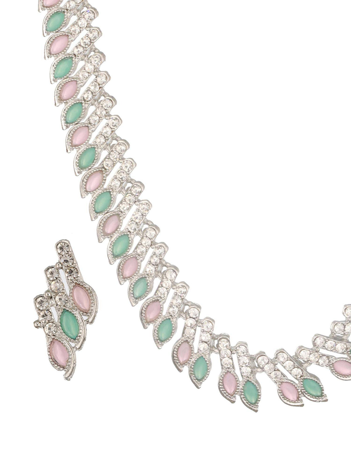 Aatmana Silver-Plated Mint Green And Pink Stone And Cz Studded Jewellery Set