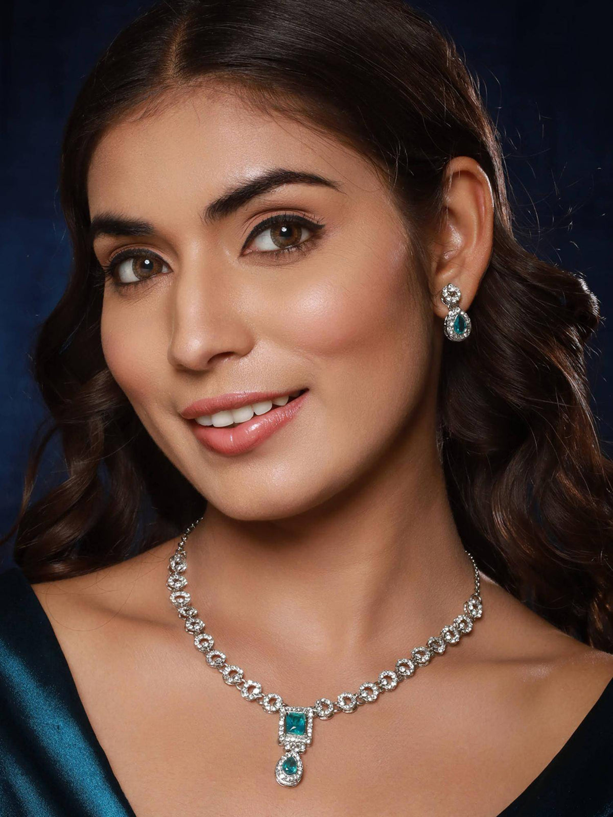 Aatmana Rhodium-Plated Green Stone And Cz Studded Jewellery Set