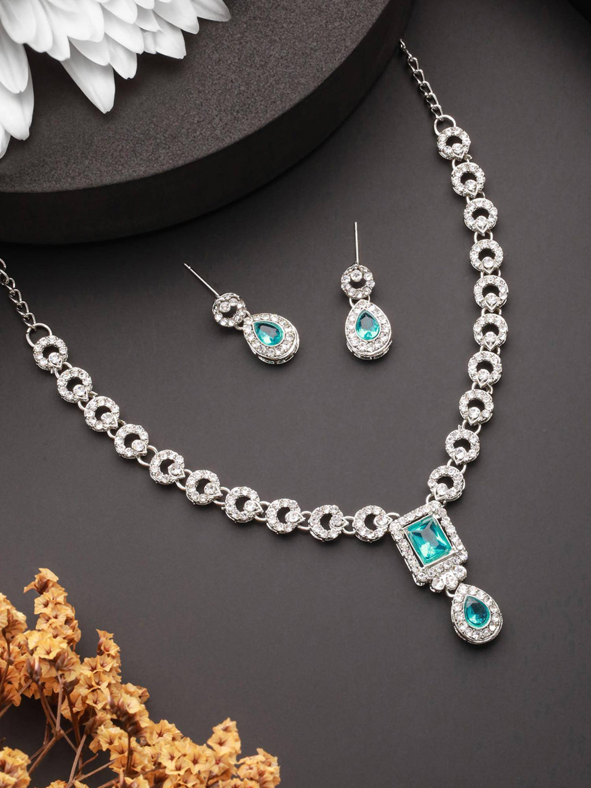Aatmana Rhodium-Plated Green Stone And Cz Studded Jewellery Set