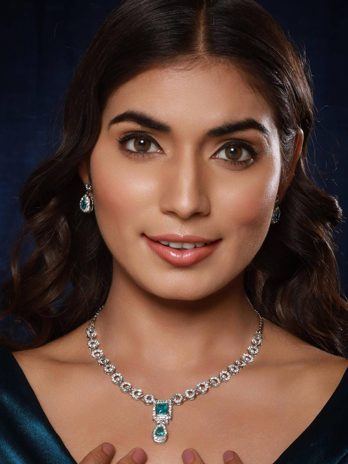 Aatmana Rhodium-Plated Green Stone And Cz Studded Jewellery Set