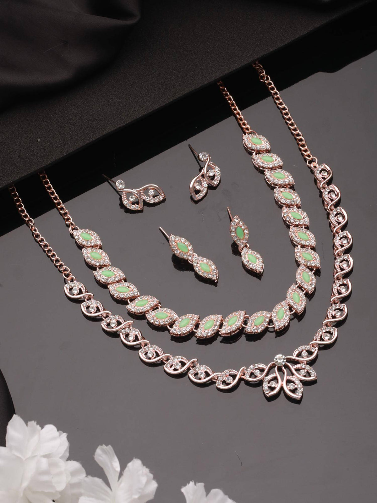 Aatmana Pack of 2 Rosegold Plated Mint Green And White Cz Studded Jewellery Set