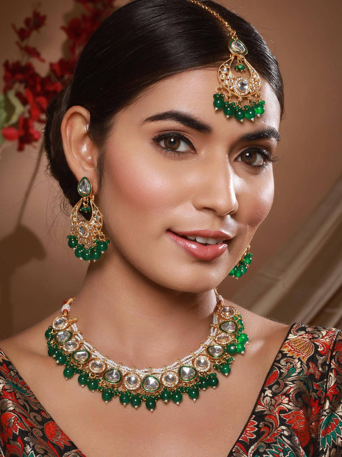 Aatmana Gold-Plated Green And White Beaded Handcrafted Jewellery Set With Maangtikka · One Size