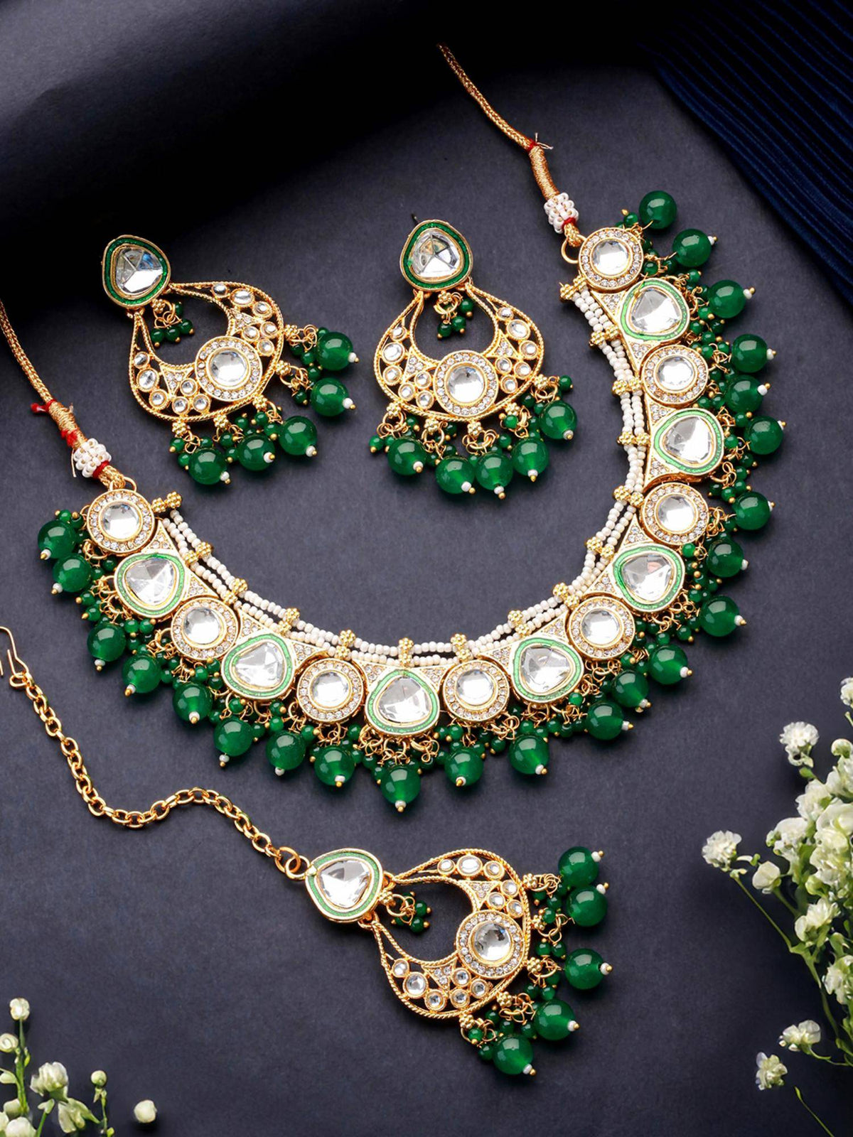 Aatmana Gold-Plated Green And White Beaded Handcrafted Jewellery Set With Maangtikka