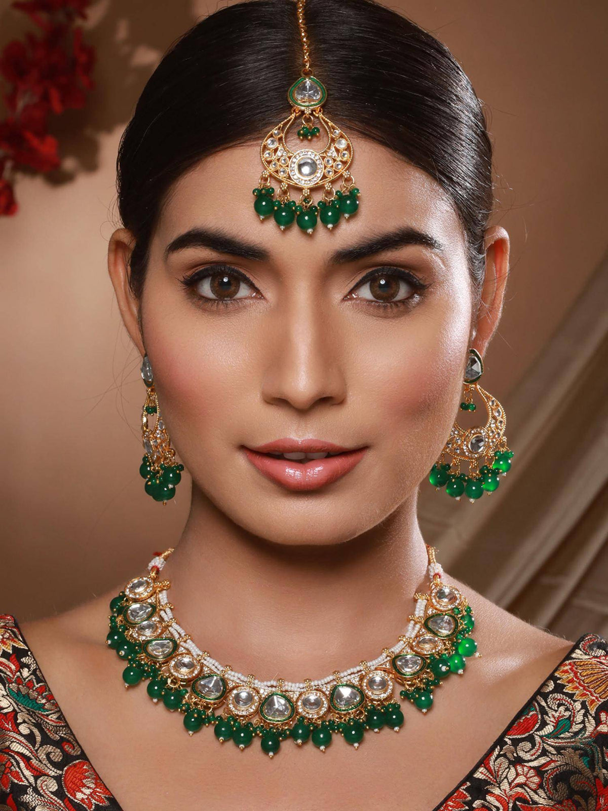 Aatmana Gold-Plated Green And White Beaded Handcrafted Jewellery Set With Maangtikka