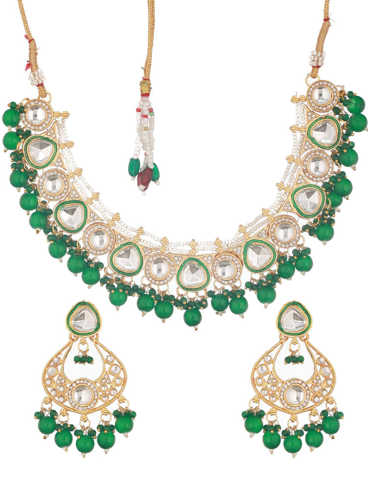 Aatmana Gold-Plated Green And White Beaded Handcrafted Jewellery Set With Maangtikka