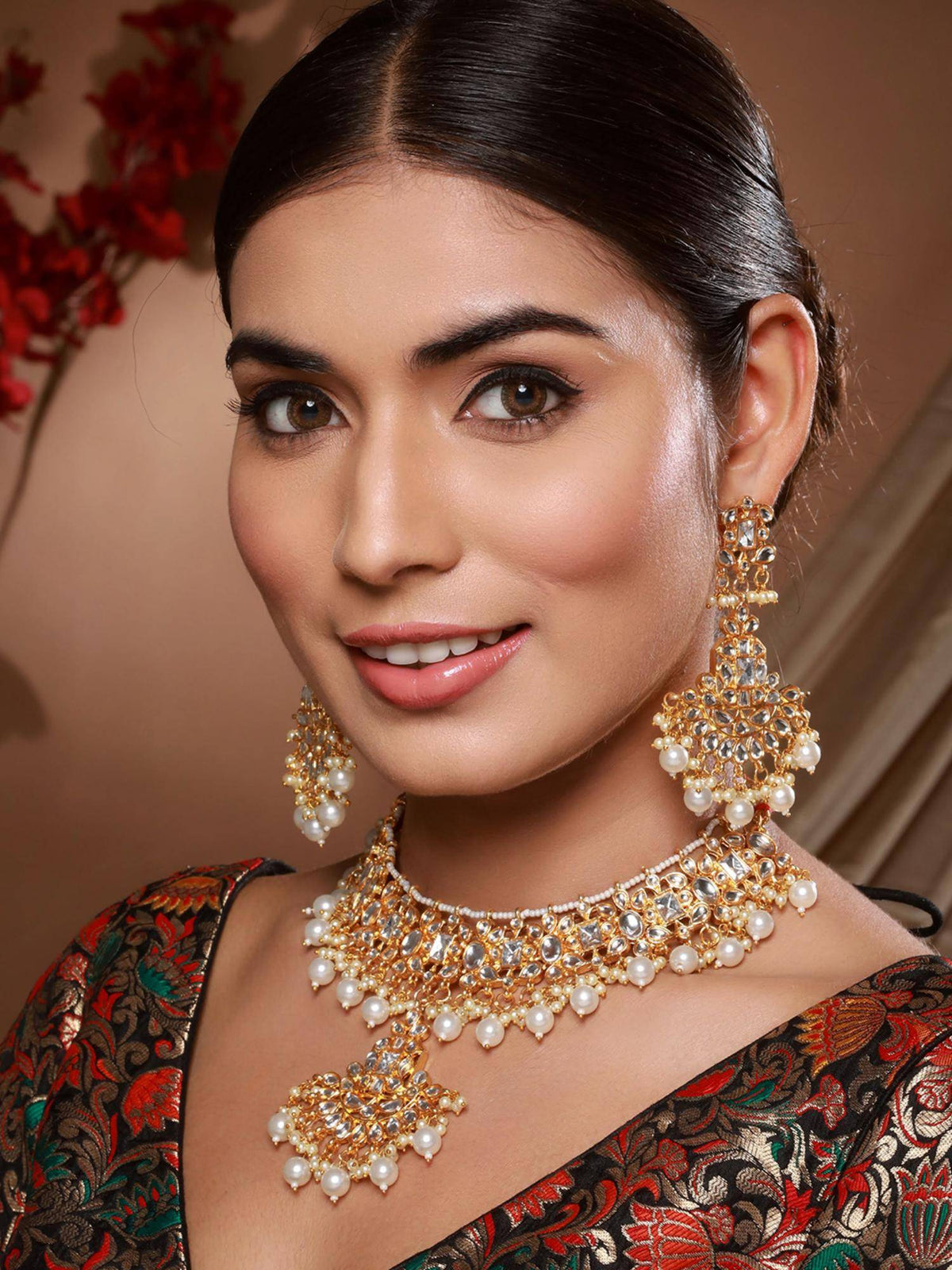 Aatmana Gold Plated Kundan Studded And Faux Pearl Beaded Choker Jewellery Set With Maangtikka
