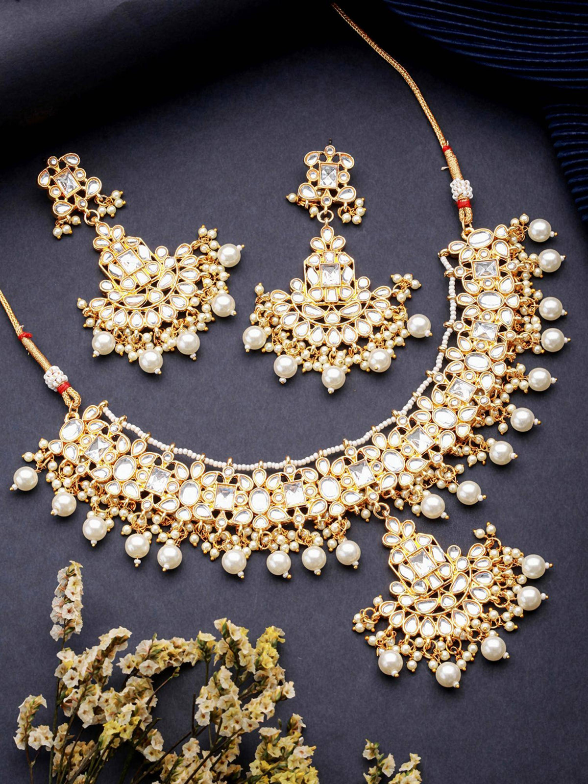 Aatmana Gold Plated Kundan Studded And Faux Pearl Beaded Choker Jewellery Set With Maangtikka