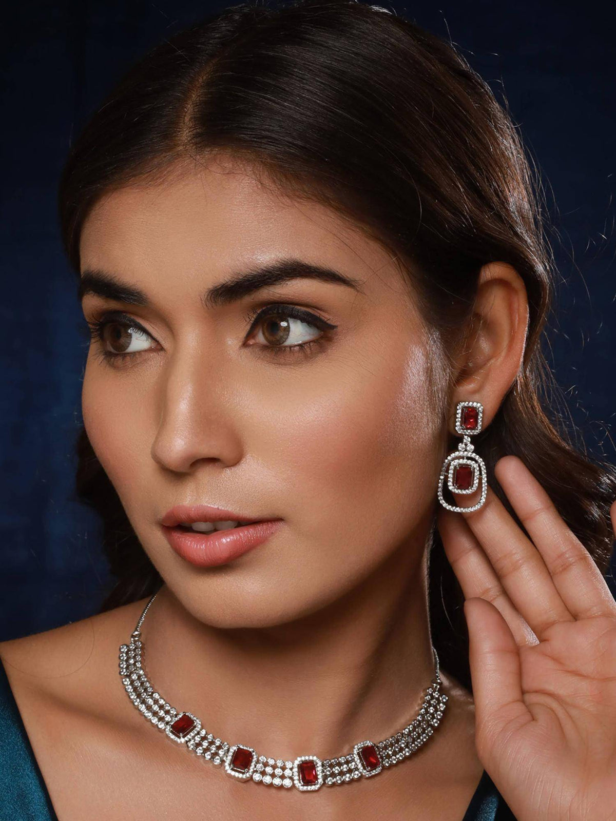 Aatmana Silver-Plated American Diamond Studded Jewellery Set