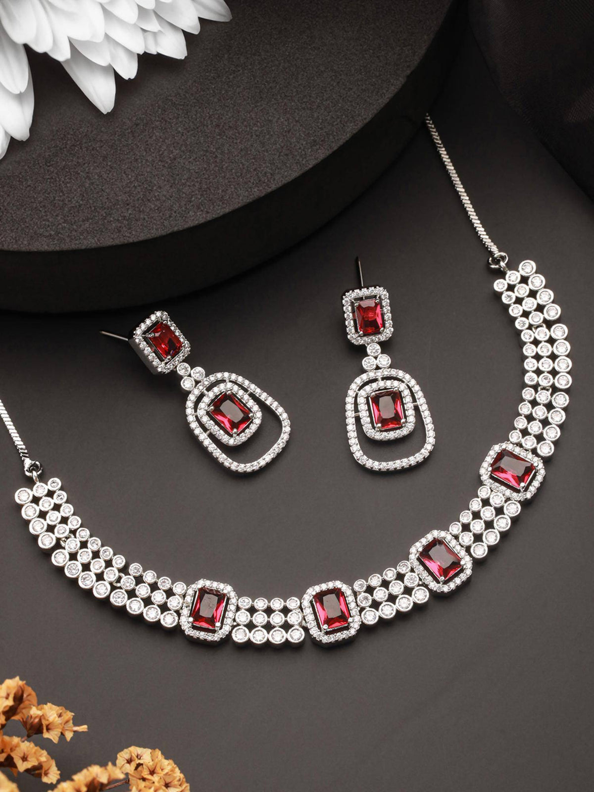 Aatmana Silver-Plated American Diamond Studded Jewellery Set