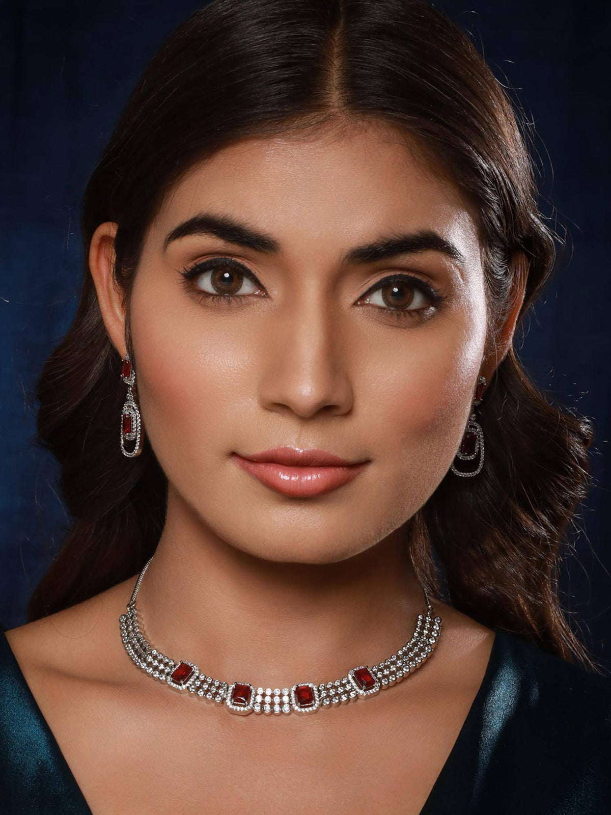 Aatmana Silver-Plated American Diamond Studded Jewellery Set