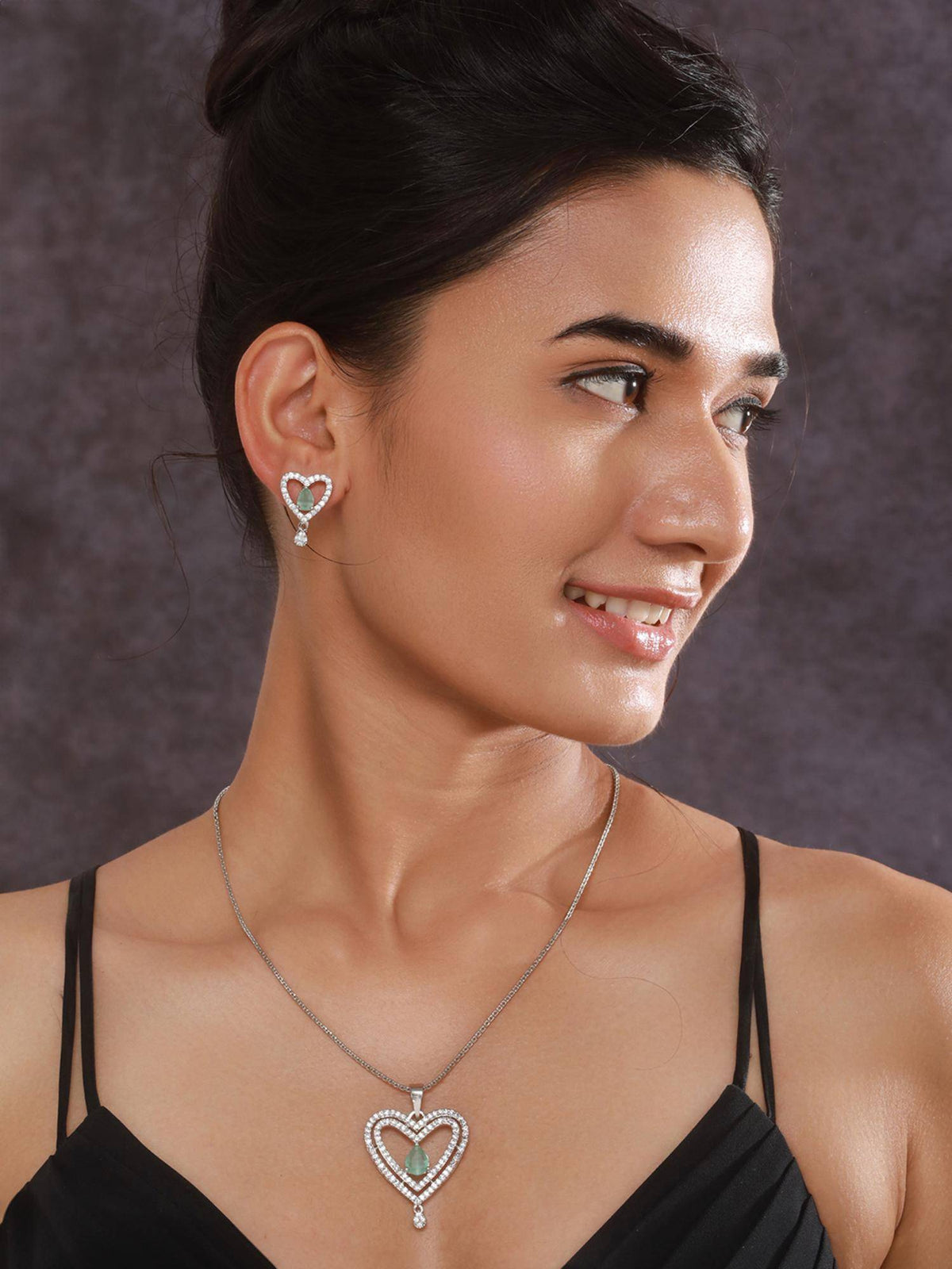 Aatmana Rhodium-Plated Green Ad Stone Studded Heart Shaped Pendant With Earrings And Chain · One Size
