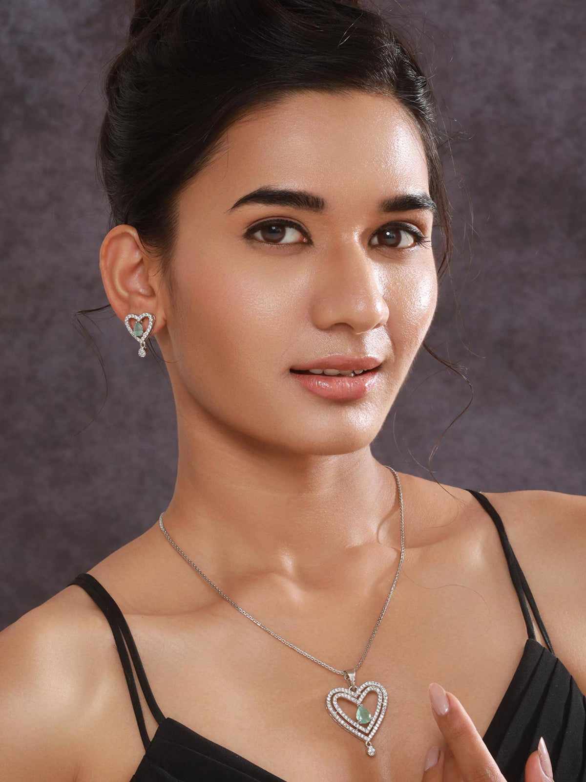 Aatmana Rhodium-Plated Green Ad Stone Studded Heart Shaped Pendant With Earrings And Chain