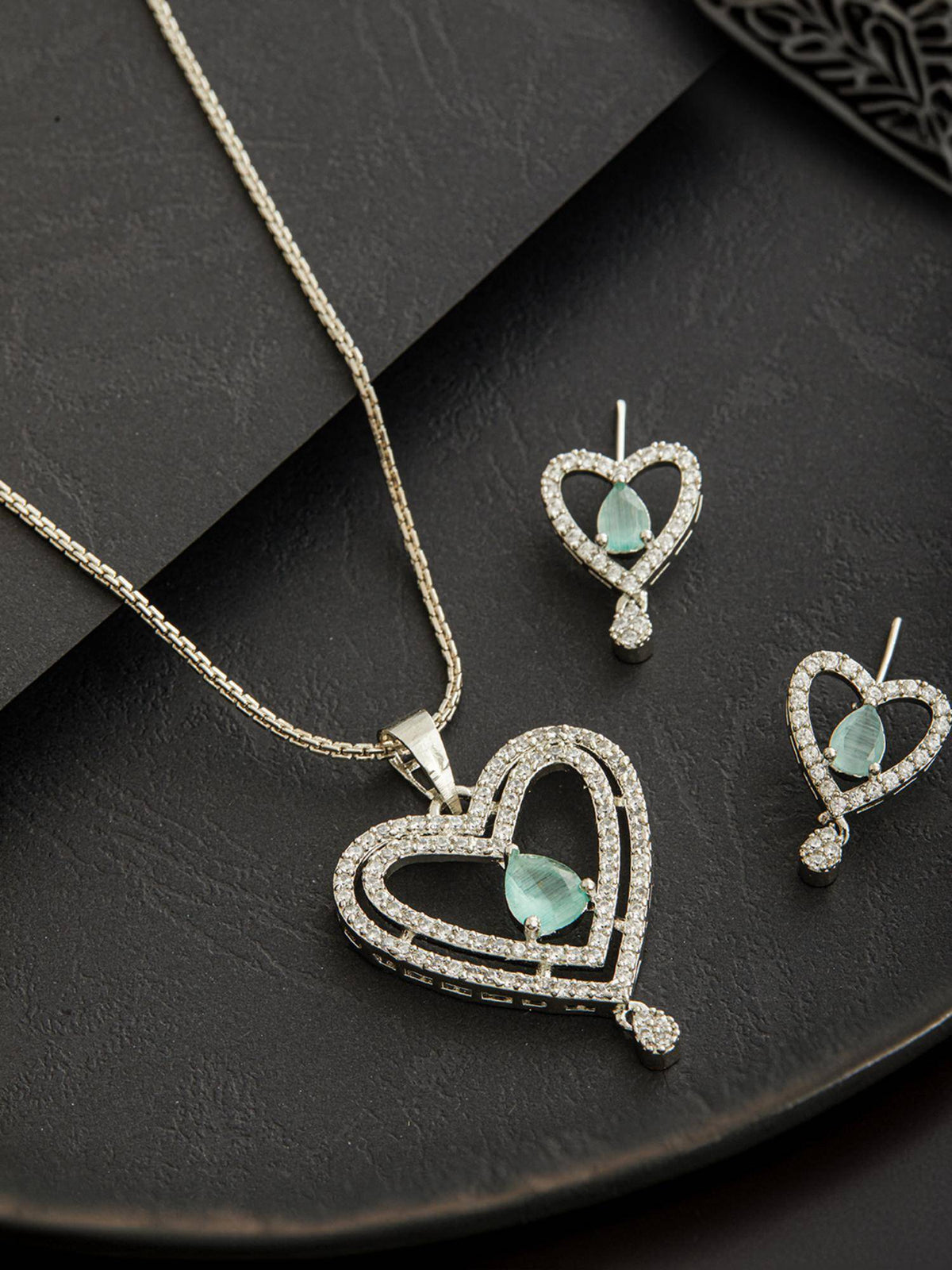 Aatmana Rhodium-Plated Green Ad Stone Studded Heart Shaped Pendant With Earrings And Chain