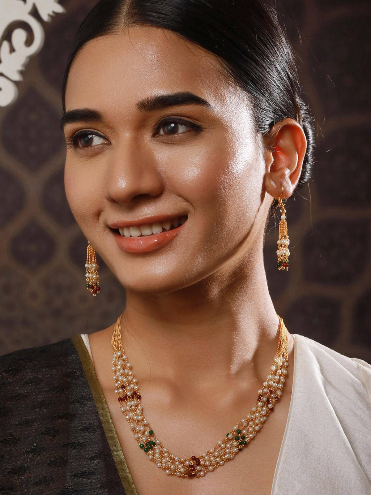 Aatmana Gold-Plated Pearls Beaded Layered Necklace With Drop Earrings · One Size