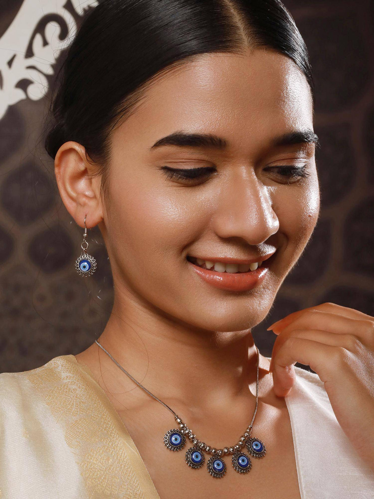Aatmana Silver-Plated Oxidised Evil Eye Necklace And Earrings · One Size