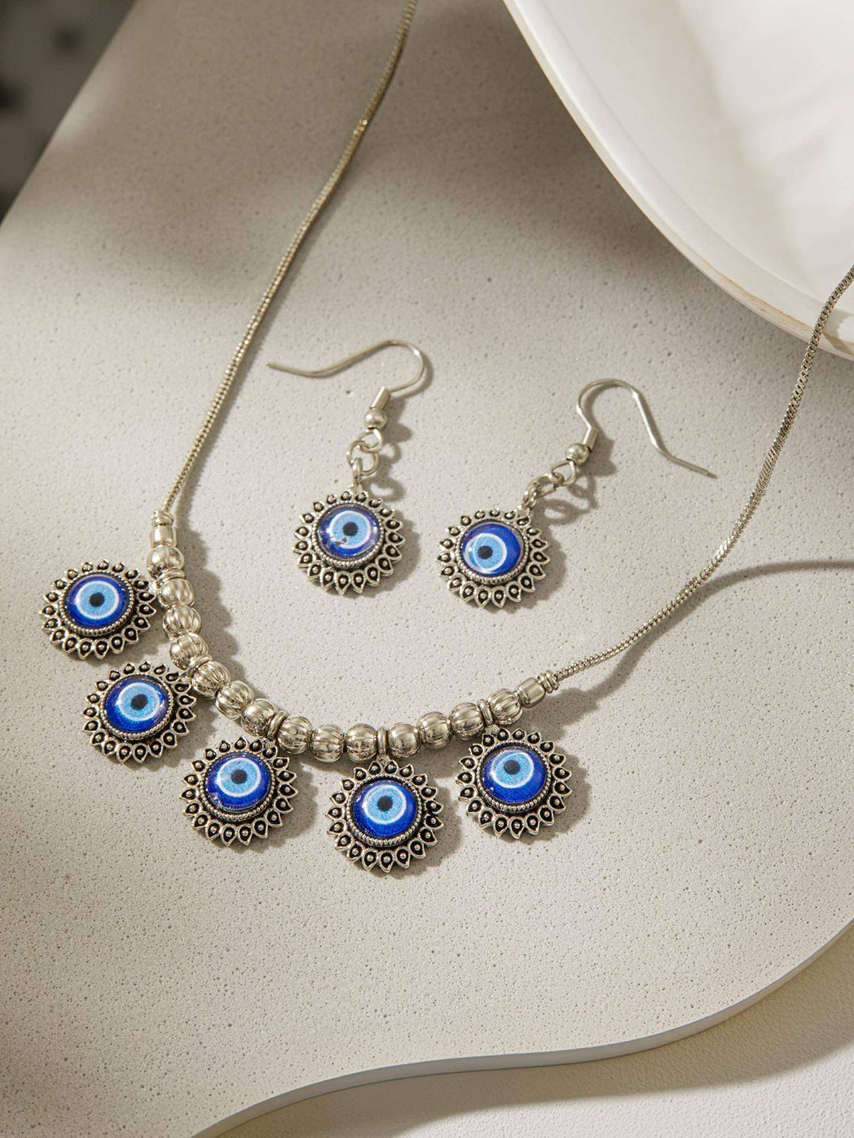Aatmana Silver-Plated Oxidised Evil Eye Necklace And Earrings · One Size