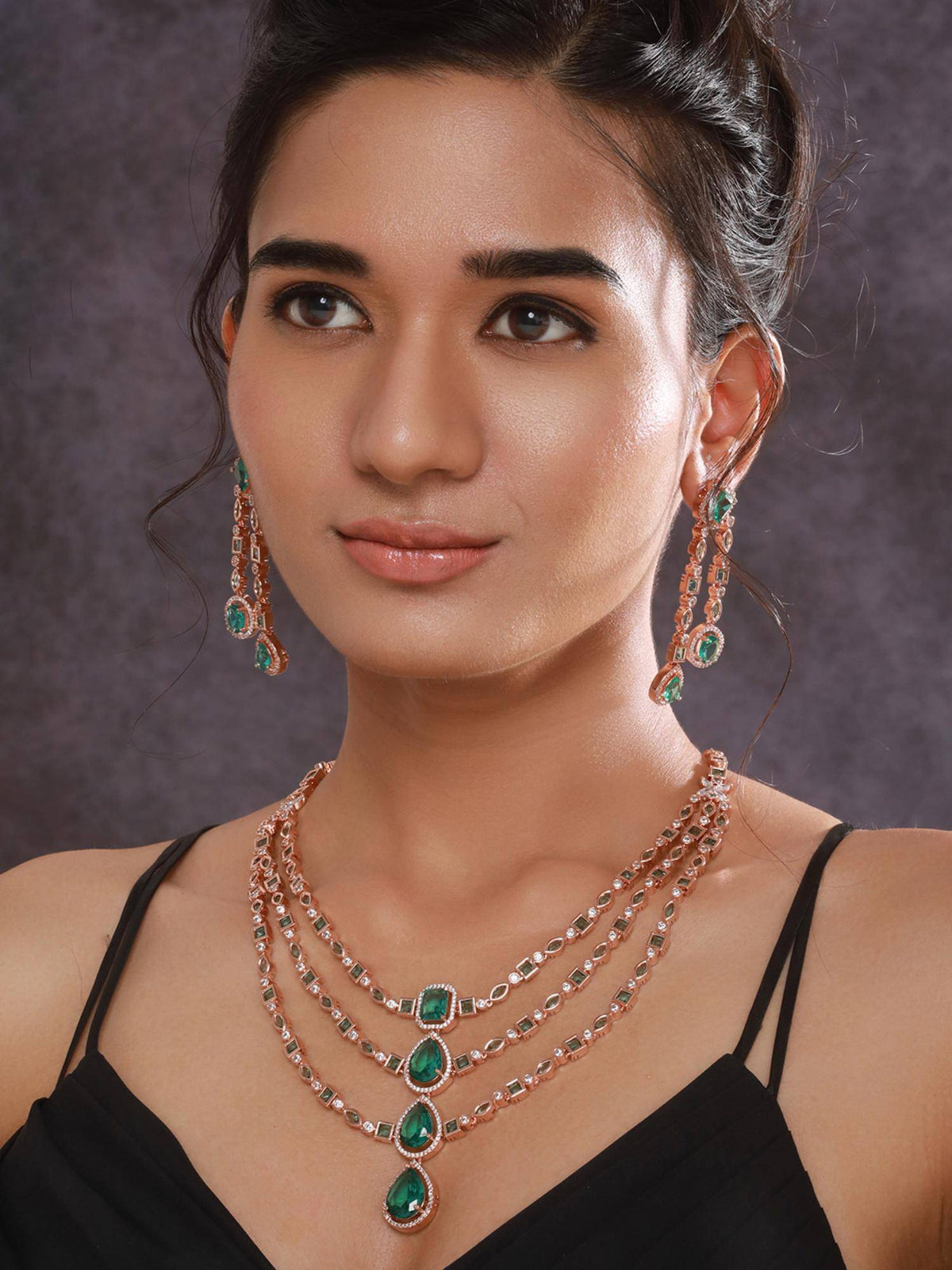 Aatmana Rosegold-Plated Green Ad-Studded And Beaded Layered Jewellery Set