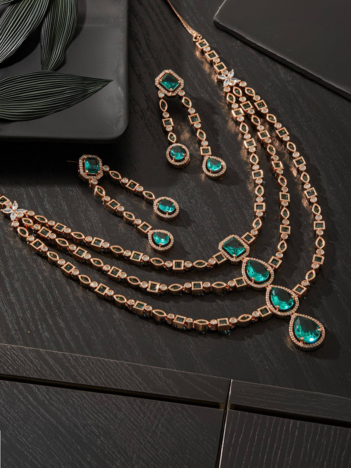 Aatmana Rosegold-Plated Green Ad-Studded And Beaded Layered Jewellery Set