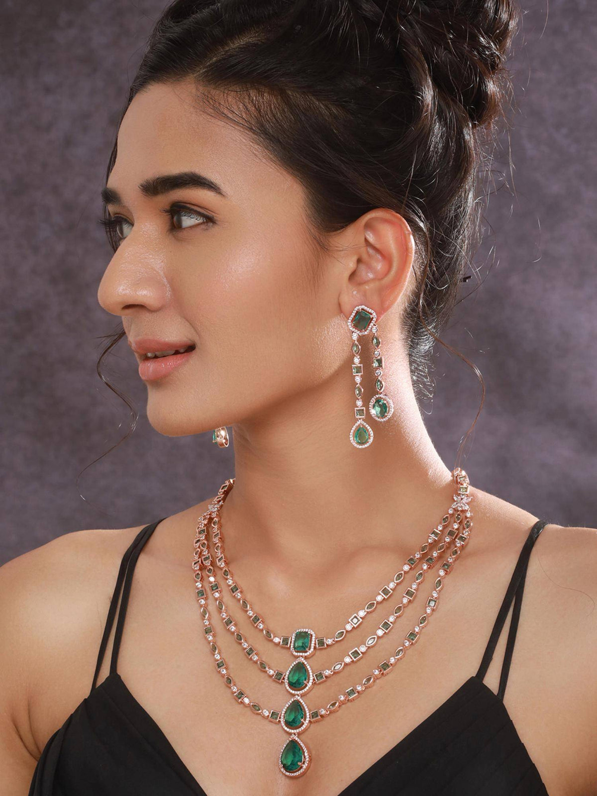 Aatmana Rosegold-Plated Green Ad-Studded And Beaded Layered Jewellery Set