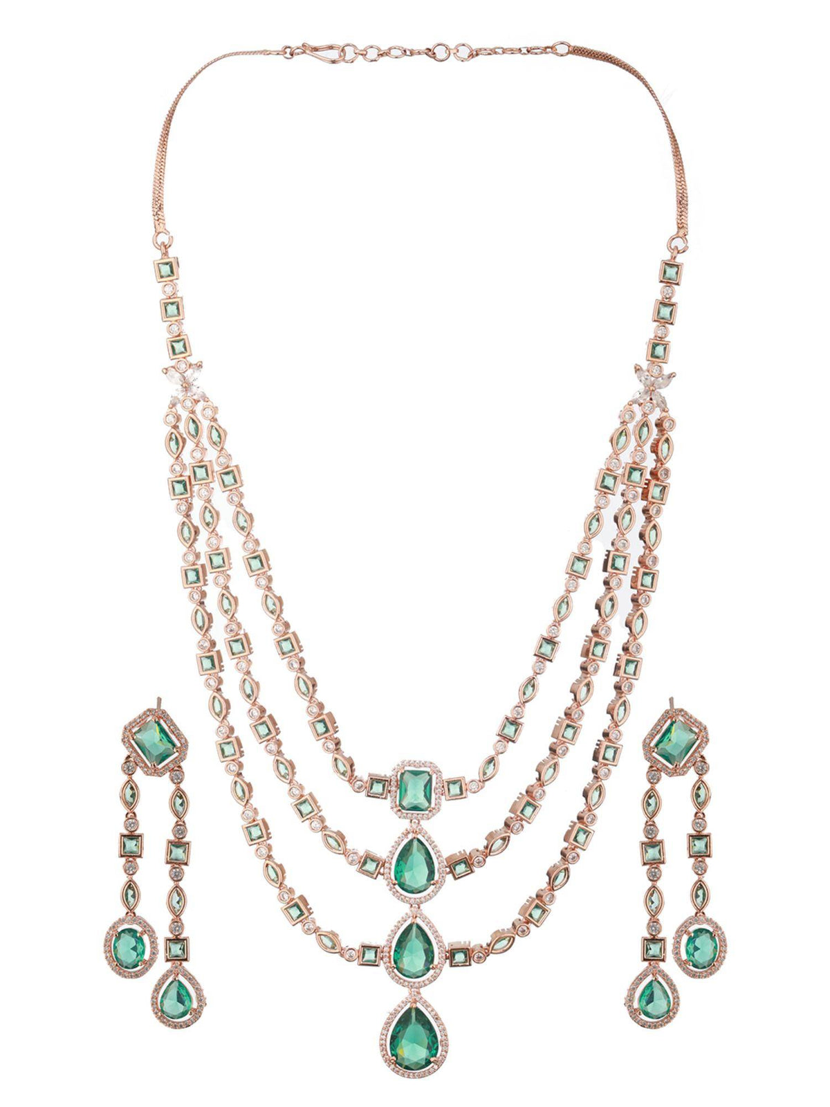 Aatmana Rosegold-Plated Green Ad-Studded And Beaded Layered Jewellery Set
