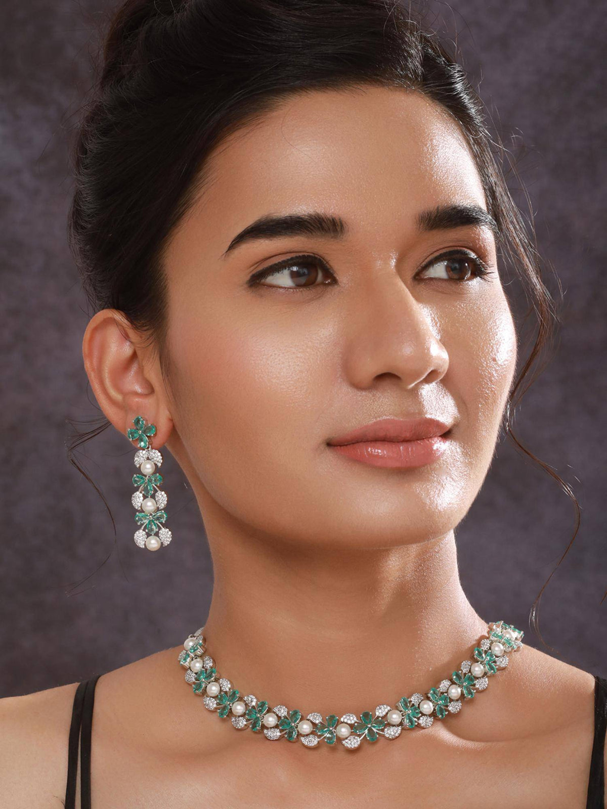 Aatmana Silver Plated Ad-Studded And Beaded Jewellery Set