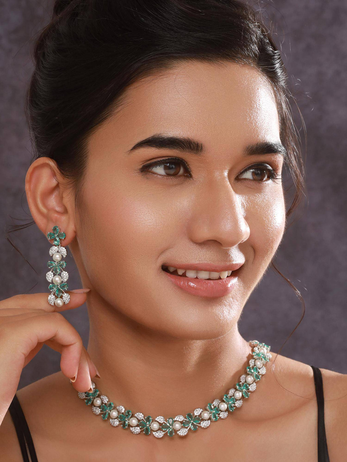 Aatmana Silver Plated Ad-Studded And Beaded Jewellery Set