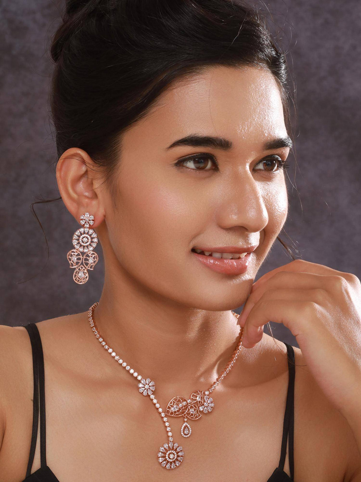Aatmana Rosegold Plated Ad Studded Minimal Floral Necklace With Earrings Set