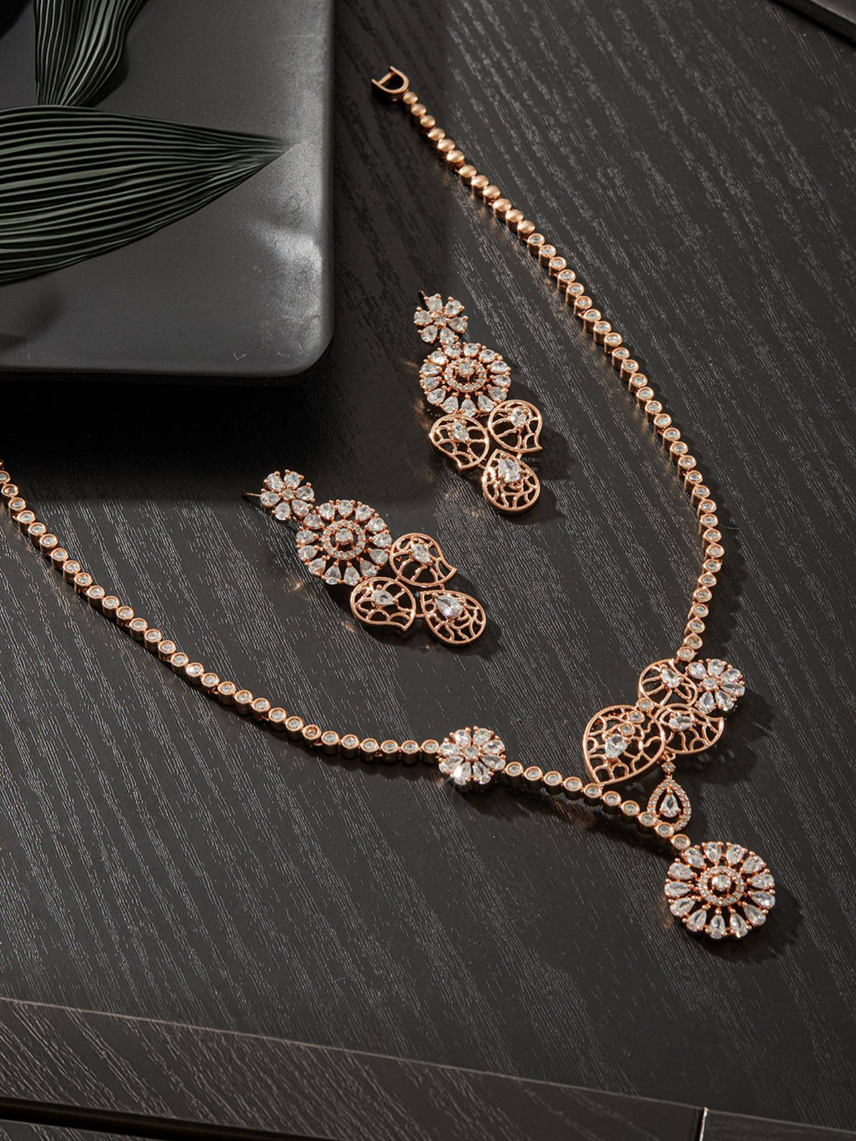 Aatmana Rosegold Plated Ad Studded Minimal Floral Necklace With Earrings Set