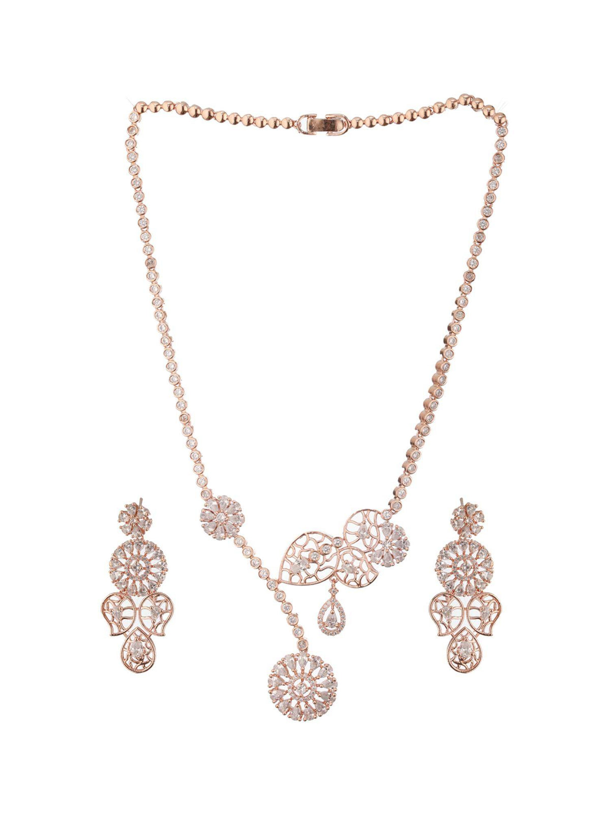 Aatmana Rosegold Plated Ad Studded Minimal Floral Necklace With Earrings Set