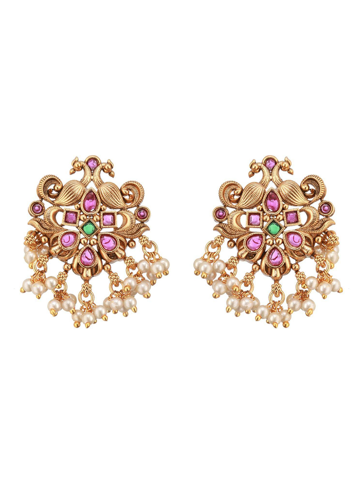 Aatmana 22K Gold Plated Ruby And Green Kemp Stone Studded Peacock Shaped Temple Jewellery Set