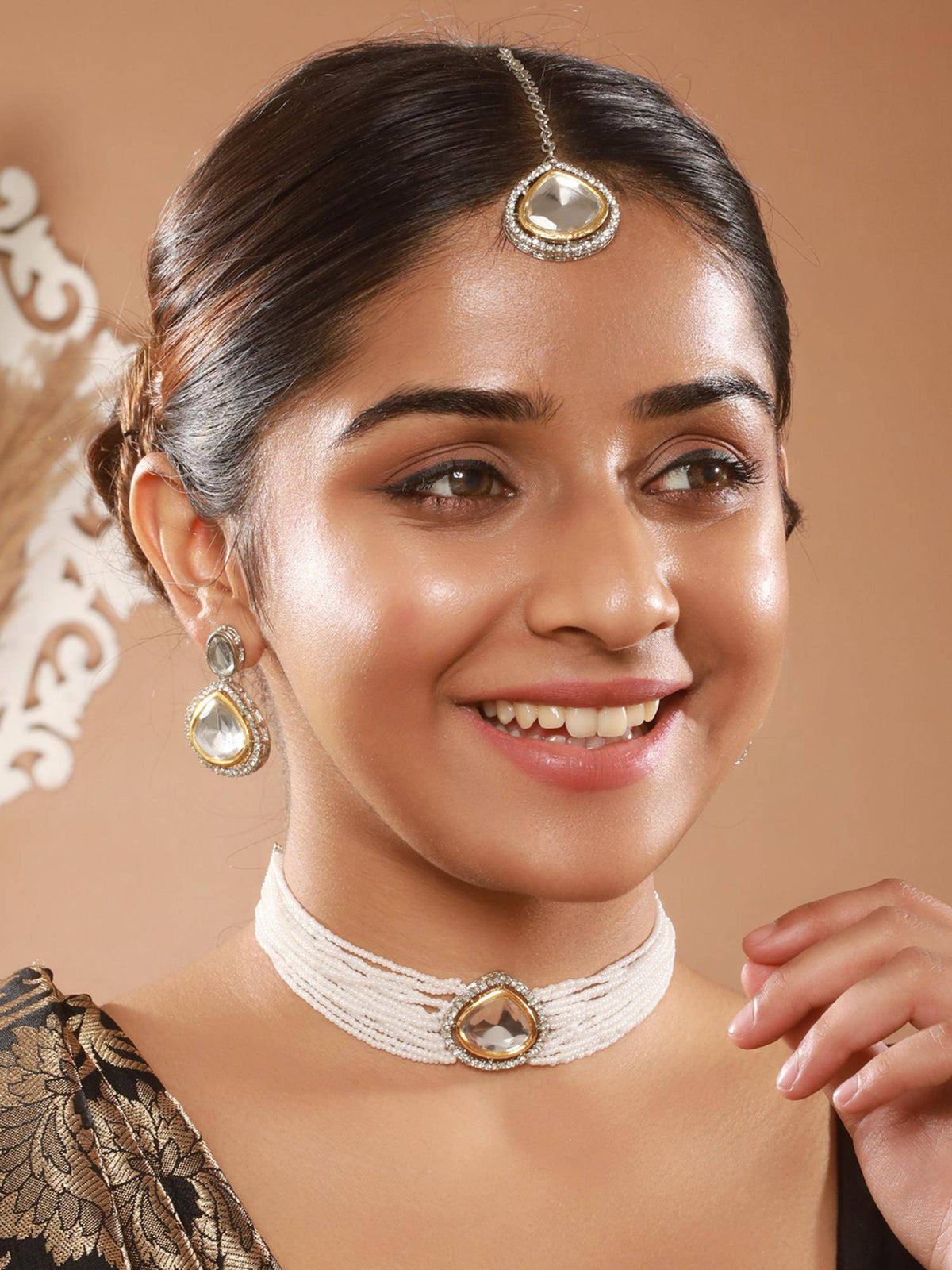 Aatmana Gold-Plated Austrian Diamond Studded And Beaded Jewellery Set With Maangtikka · One Size