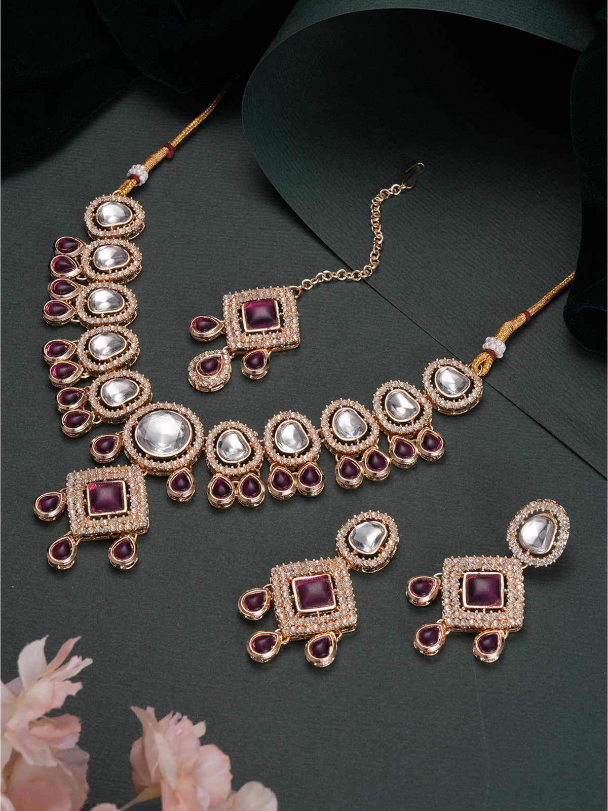 Aatmana Gold Plated Pink Kundan Studded And Beaded Jewellery Set With Maangtikka