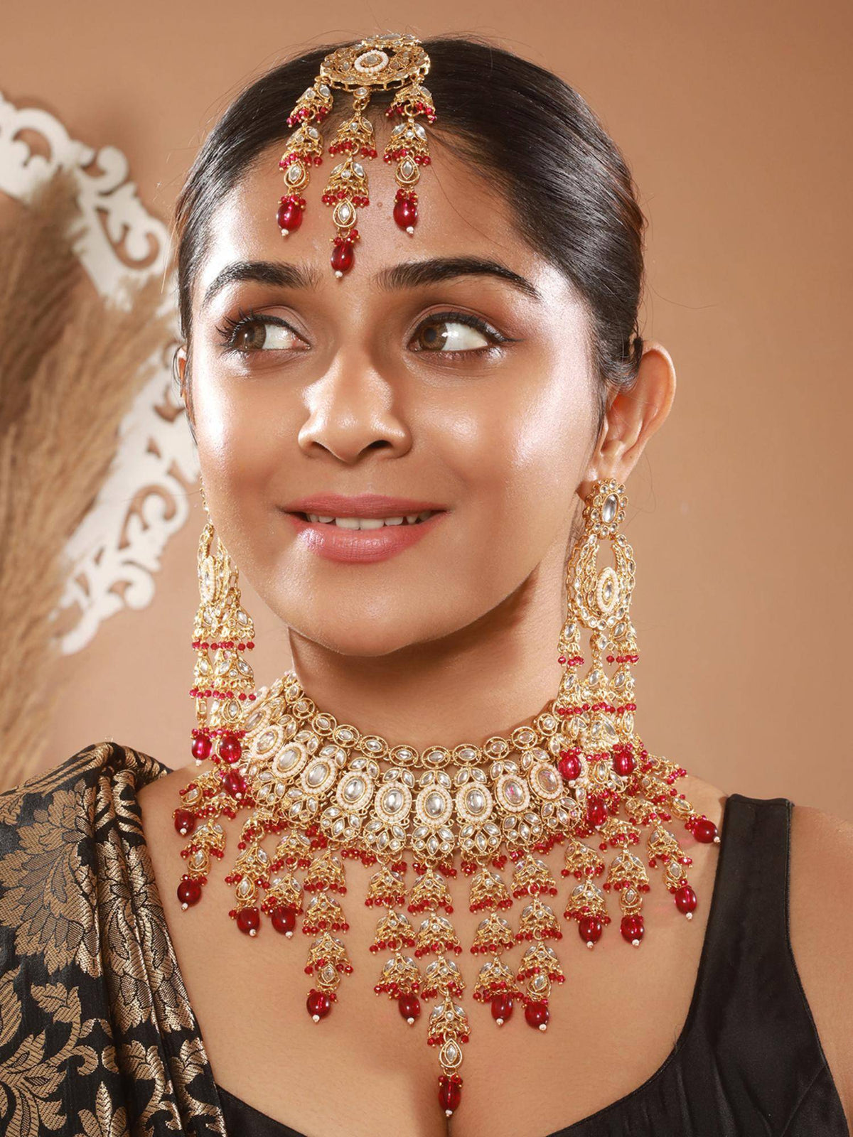 Aatmana 18 K Gold-Plated Red And White Kundan Handcrafted Jewellery Set With Maangtikka