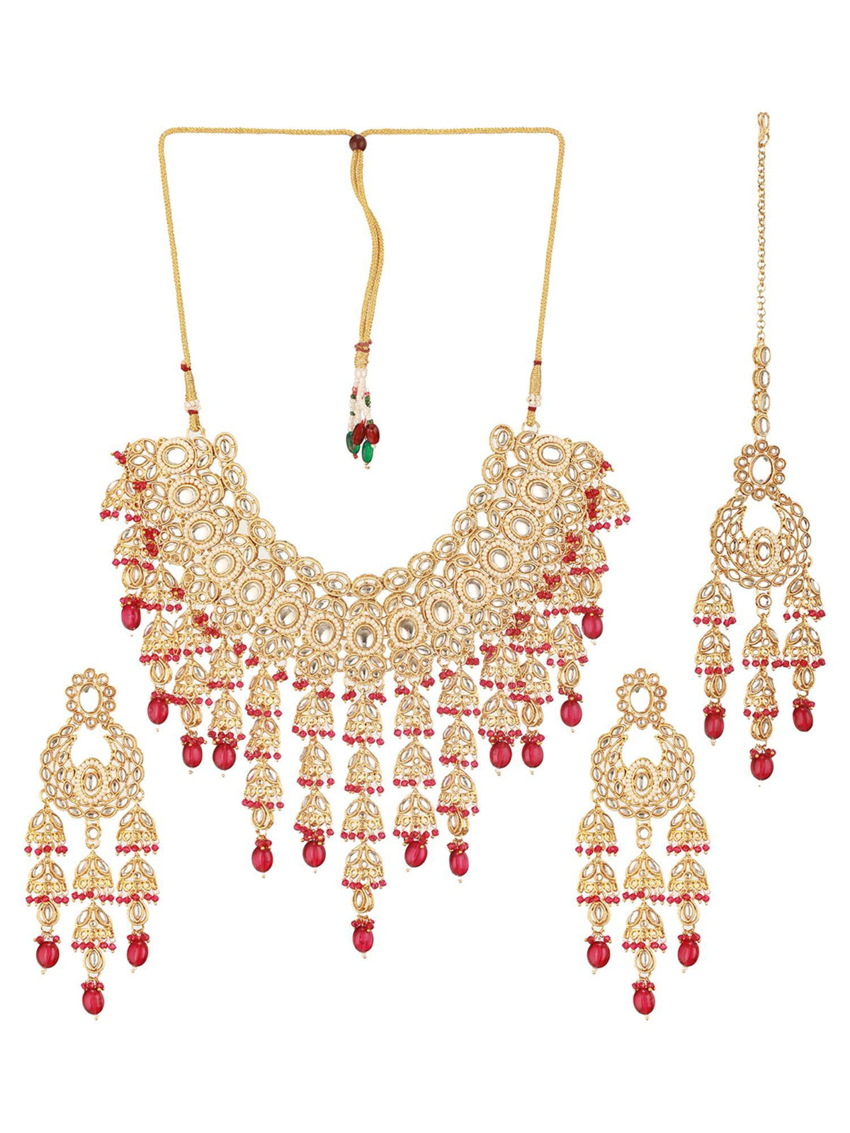 Aatmana 18 K Gold-Plated Red And White Kundan Handcrafted Jewellery Set With Maangtikka