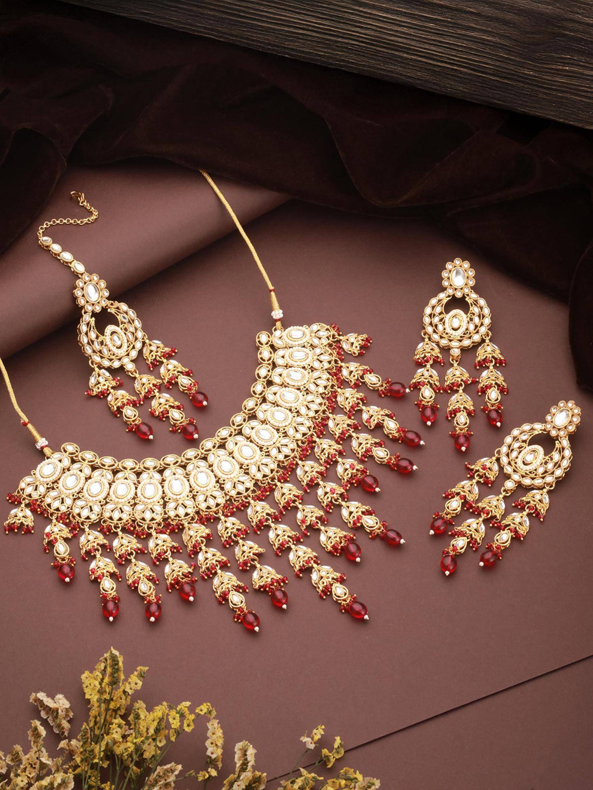 Aatmana 18 K Gold-Plated Red And White Kundan Handcrafted Jewellery Set With Maangtikka