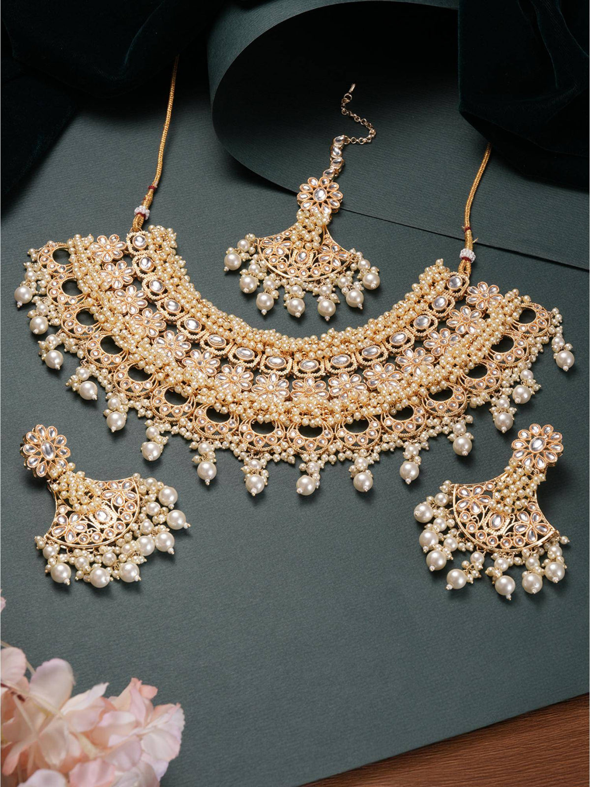 Aatmana Gold-Plated Kundan-Studded And Beaded Jewellery Set With Maangtikka