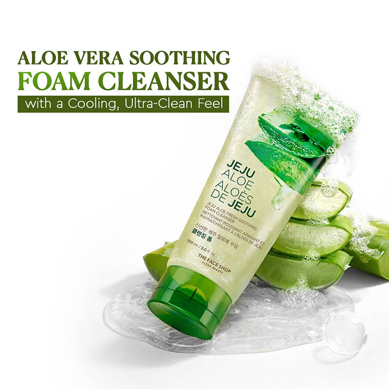 The Face Shop Jeju Aloe Fresh Soothing Foam Cleanser, Gel To Foam Hydrating & Cooling Face Wash