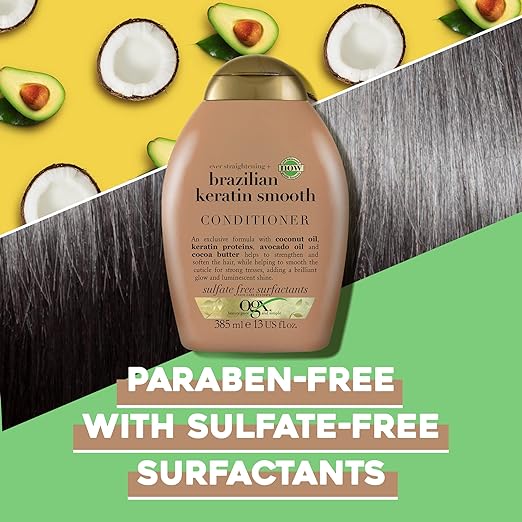 OGX Ever Straightening + Brazilian Keratin Therapy Hair-Smoothing Conditioner with Coconut Oil, Cocoa Butter & Avocado Oil, Paraben-Free, Sulfate-Free Surfactan