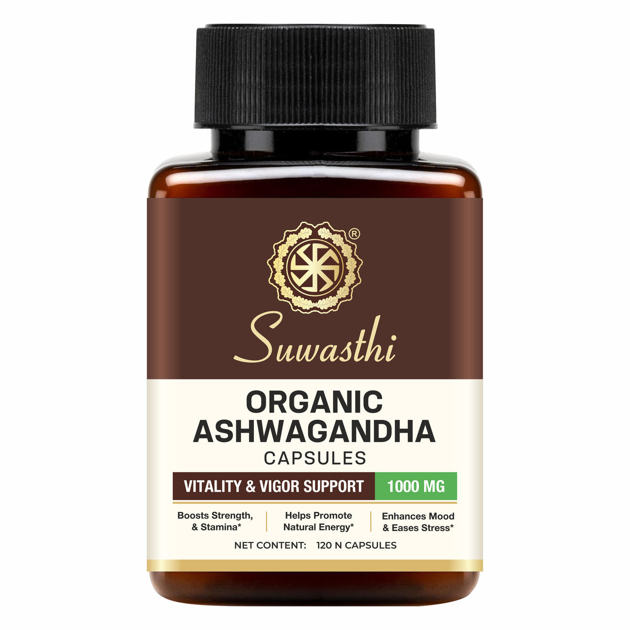 Suwasthi Ashwagandha Capsules 1000mg Per Serving | Ashwagandha Root Extract with 5% Withanolides + Root Powder | 120 Vegan Capsules | Non-GMO | Gluten Free | HPMC Veg Capsules