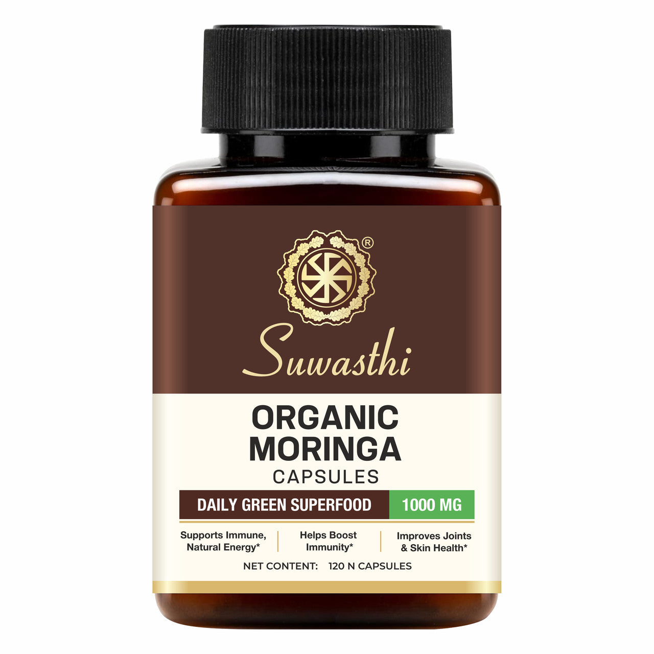 Suwasthi Moringa Supplement 1000mg | Moringa Leaf Extract with 20% Saponins | 120 Vegan HPMC Capsules | Plant-Based Superfood | Naturally Contains Vitamins & Minerals | Non-GMO | Gluten Free