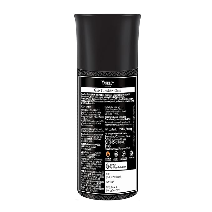 Yardley London Gentleman Classic Body Spray for Men| Fresh Woody Fougère Notes | Masculine Fragrance | Body Deodorant for Men | 150ml
