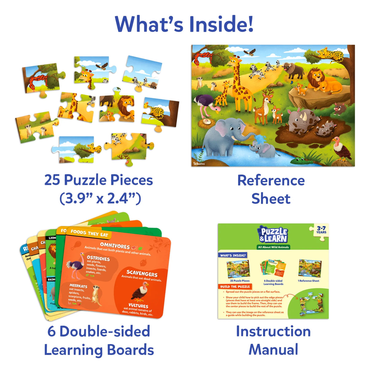 Skillmatics Puzzle & Learn: Wild Animals | 25-Piece Jigsaw Puzzle with 6 Learning Boards (ages 3-7)