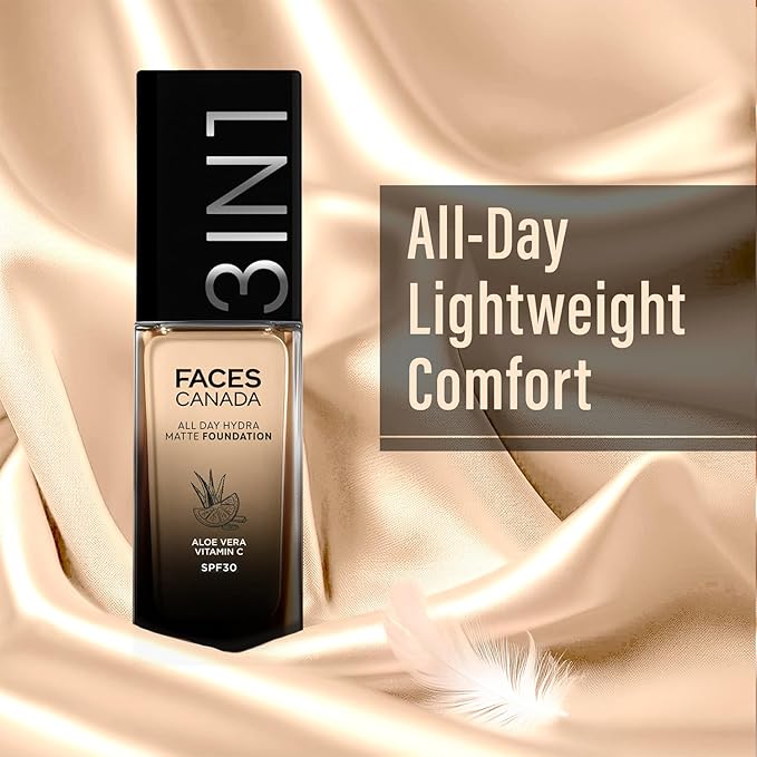 FACESCANADA All Day Hydra Matte Foundation Cream| 3-in-1 Foundation + Moisturizer + SPF 30|24 HR Aloe Hydration & Vitamin C|10HR Long Wear|Medium to High Builda