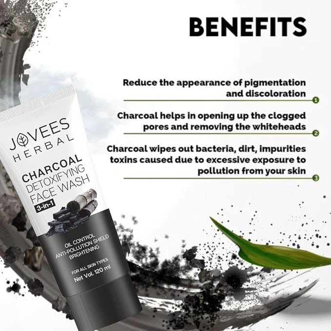 Jovees Herbal Activated Charcoal Detoxifying Face Wash For Anti Pollution, Deep Pore Cleansing, Oil Control, Removes Dirt & Impurities | Suitable for Acne Prone