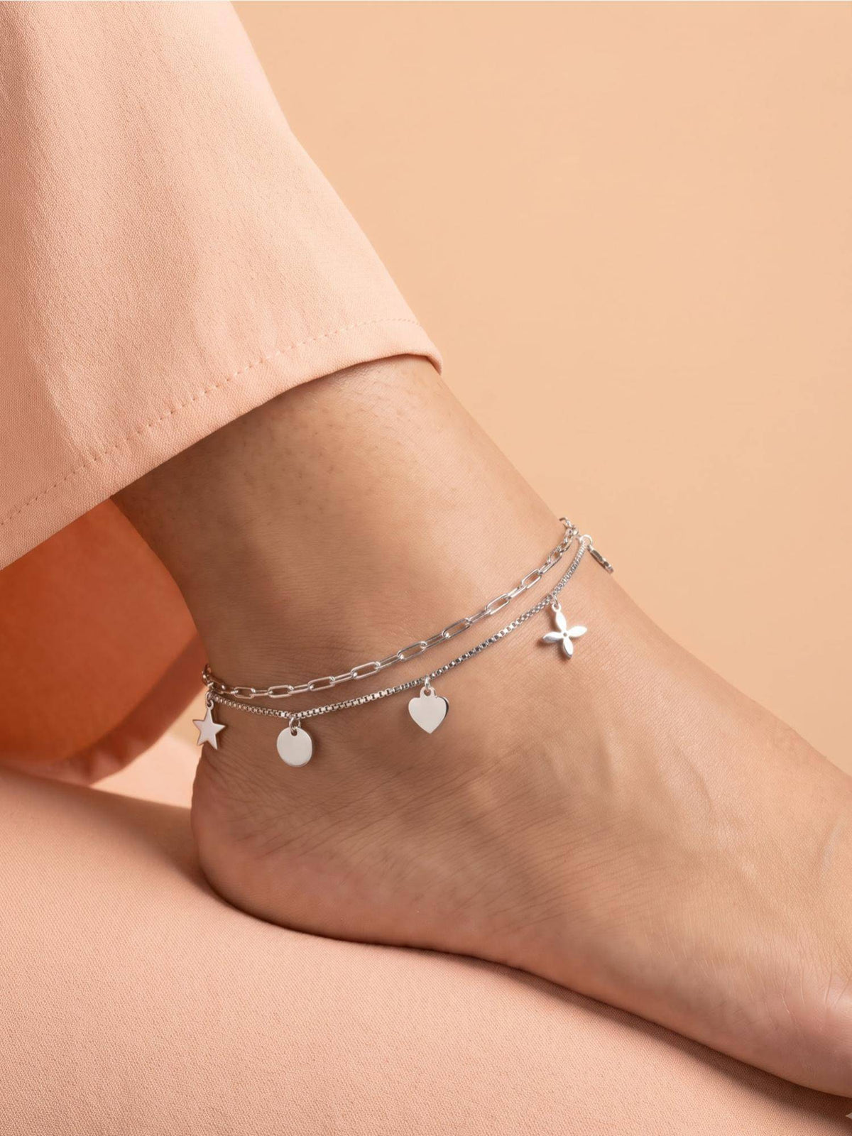 925 SILLER Celestial and Floral Charm Double Layer Silver Anklet