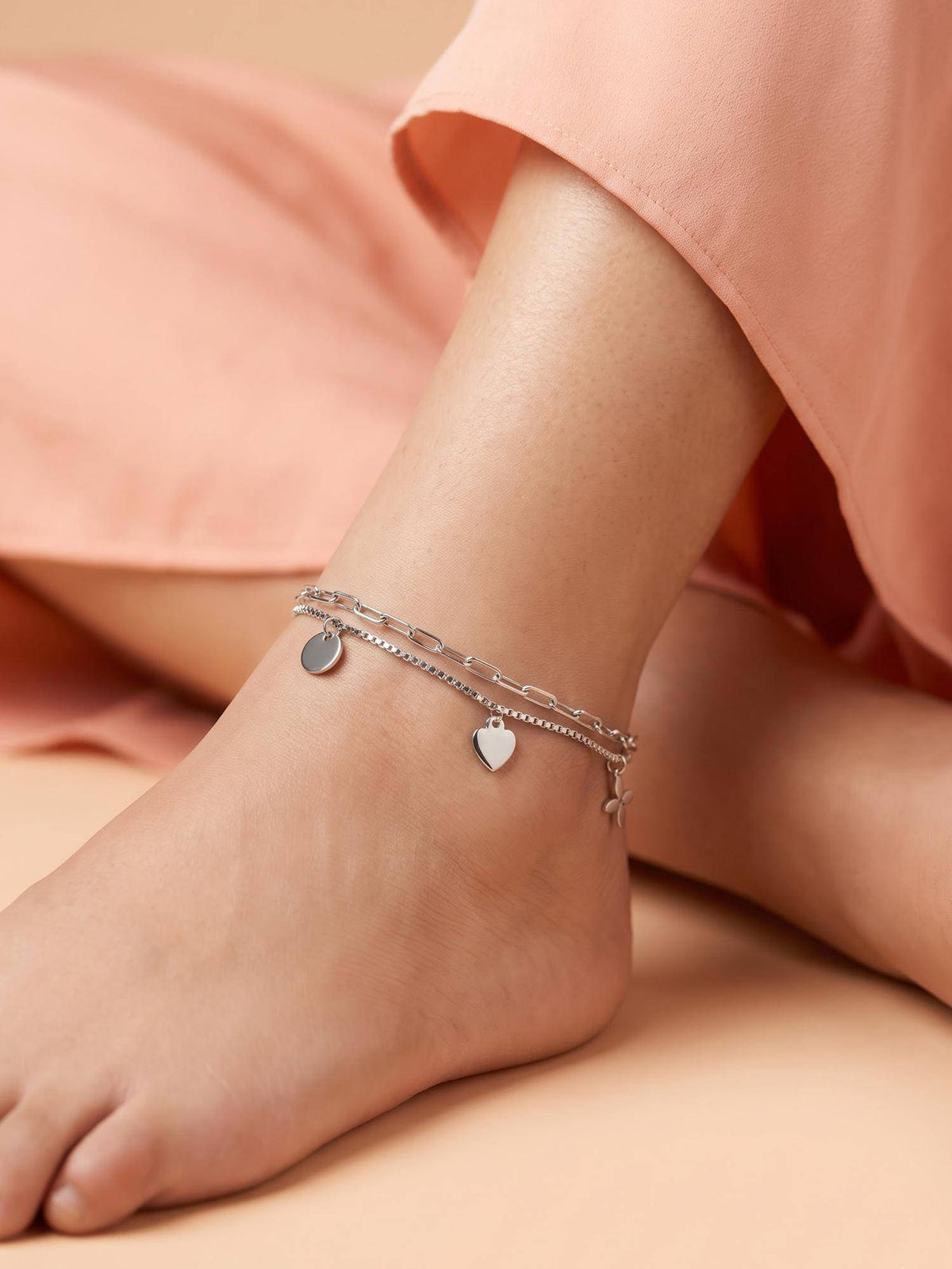 925 SILLER Celestial and Floral Charm Double Layer Silver Anklet