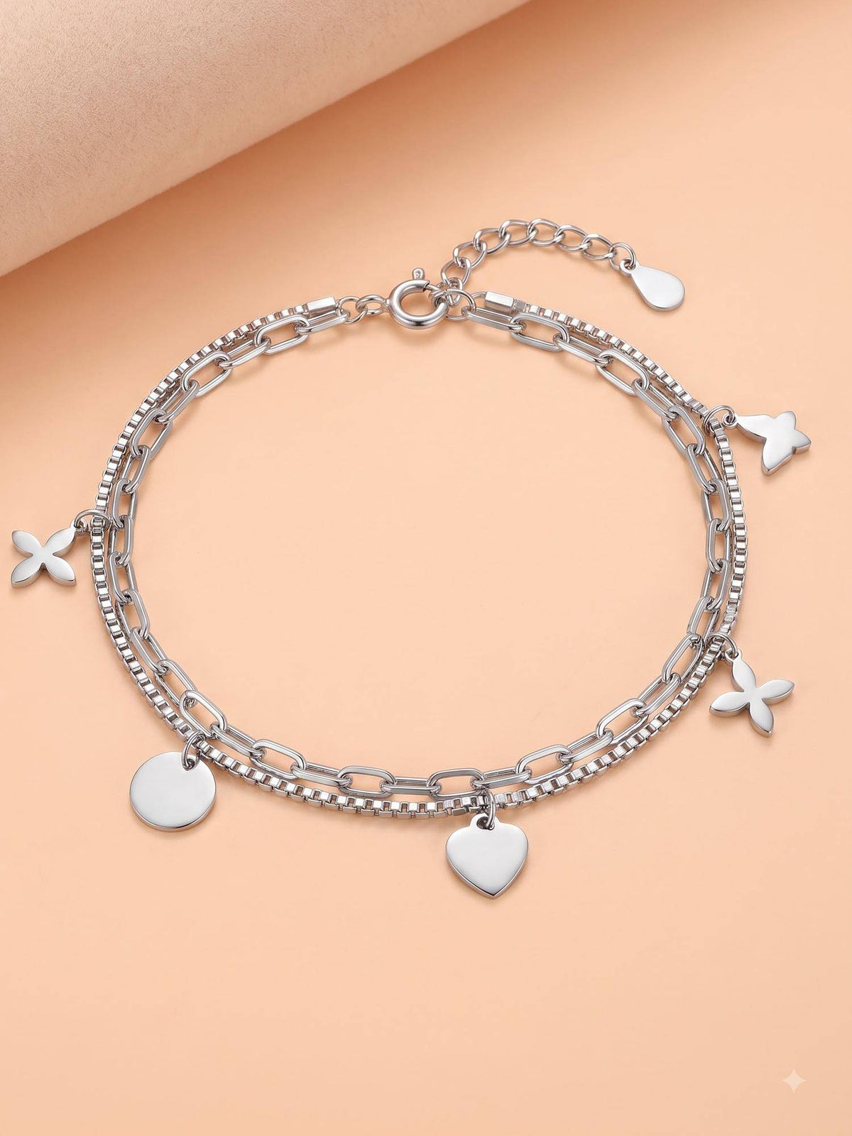 925 SILLER Celestial and Floral Charm Double Layer Silver Anklet